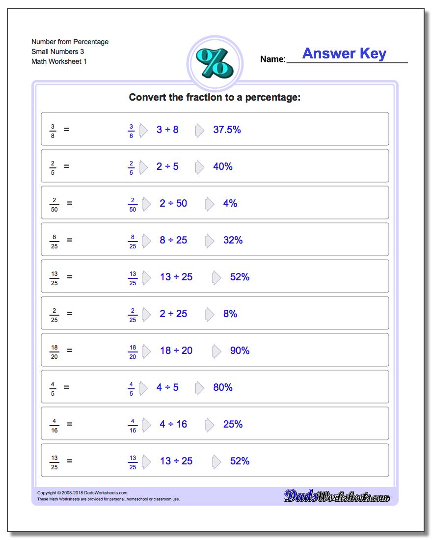 Number from Percentage Small Numbers 3 Percentages Worksheet