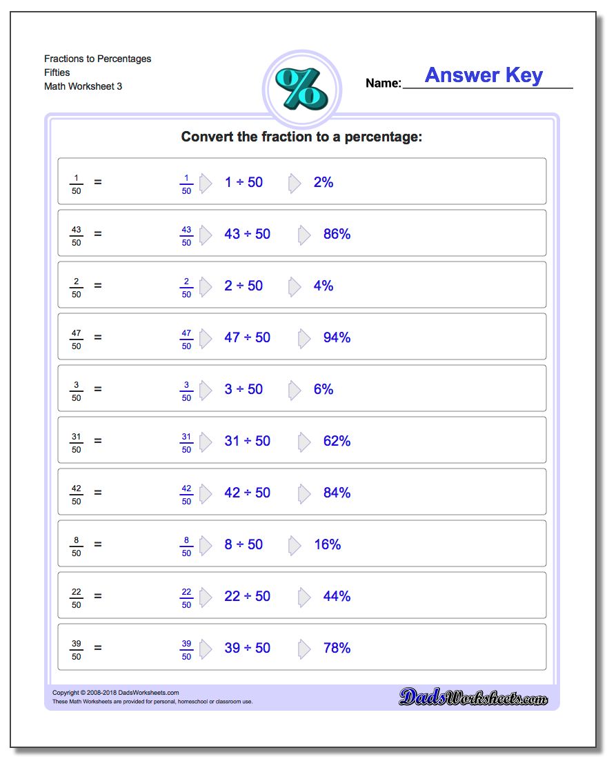 Fraction Worksheets to Percentages Fifties
