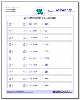 Fraction Worksheets to Percentages Larger Numbers 2 /worksheets/percentages.html