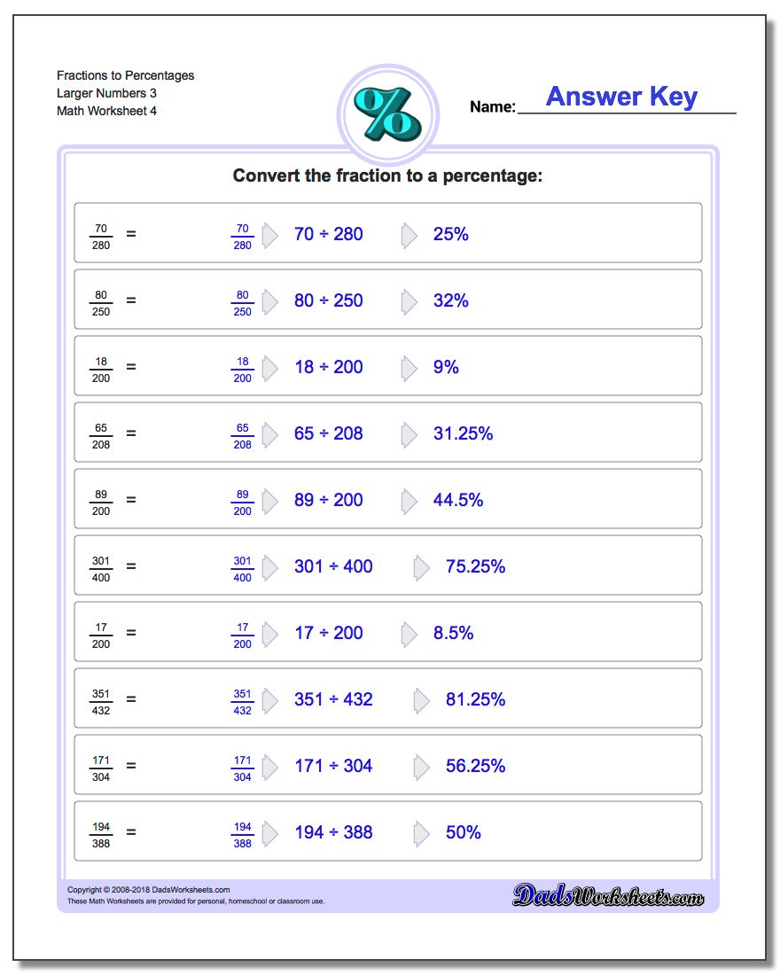 Fraction Worksheets to Percentages Larger Numbers 3