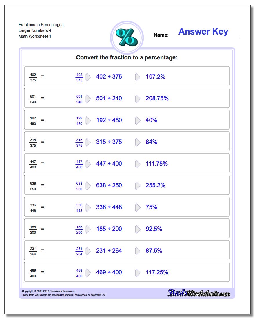 Percentages Fraction Worksheets to Larger Numbers 4