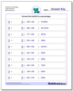 Fraction Worksheets to Percentages Larger Numbers 4