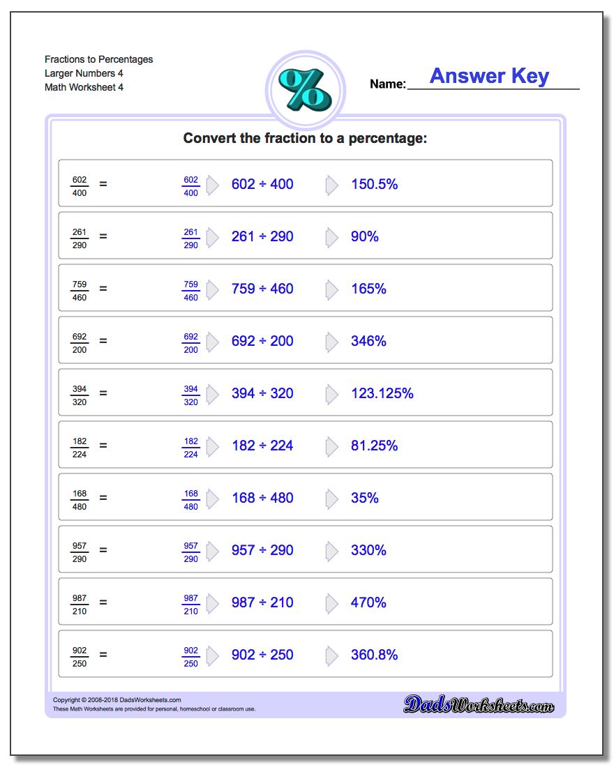 Fraction Worksheets to Percentages Larger Numbers 4
