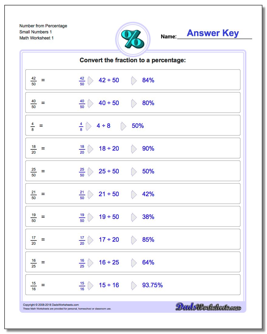 Number from Percentage Small Numbers 1 Percentages Worksheet