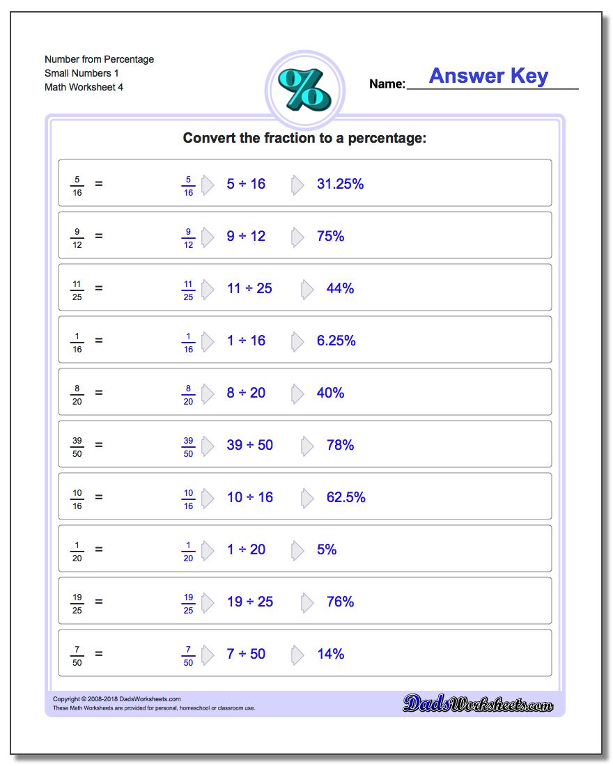Number from Percentage Small Numbers 1 Worksheet