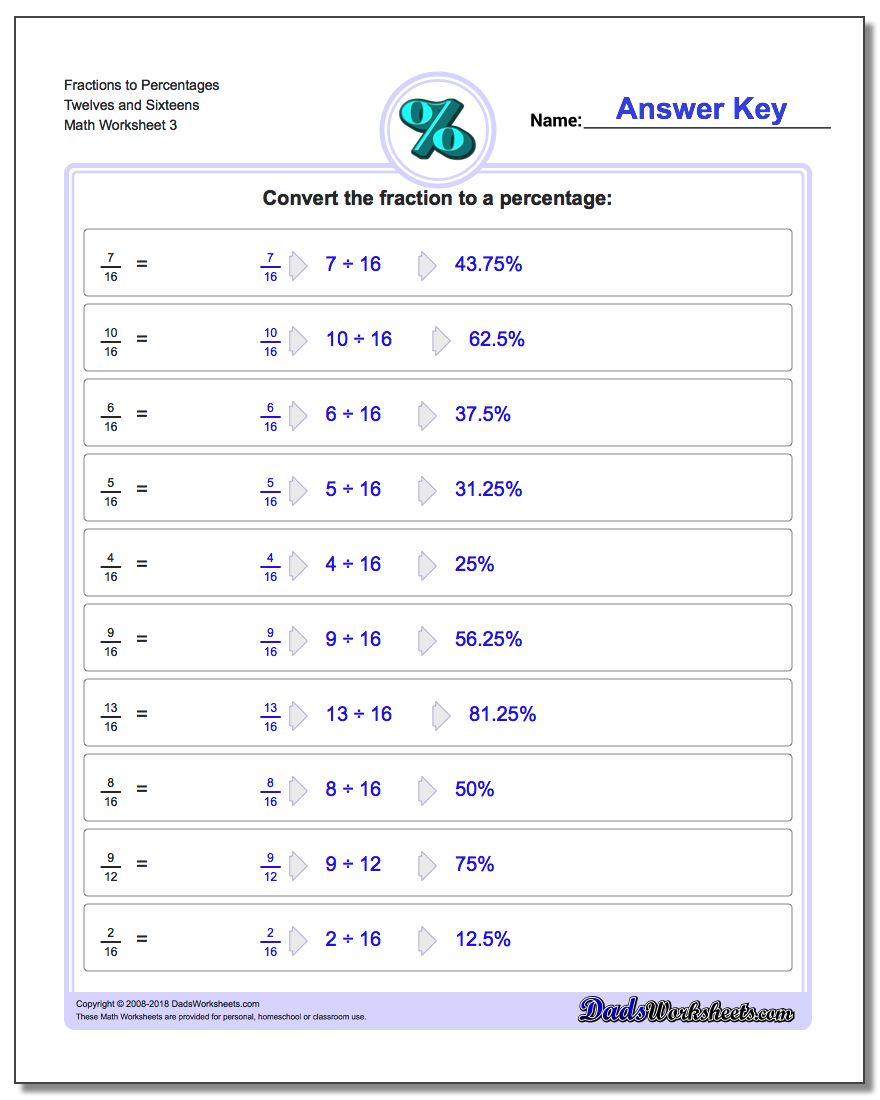 Fraction Worksheets to Percentages Twelves and Sixteens