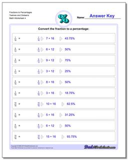 Fraction Worksheets to Percentages Twelves and Sixteens