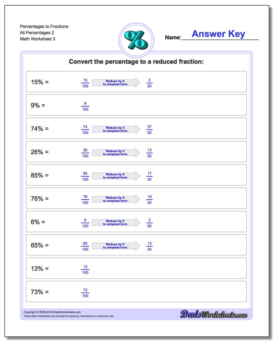 Percentages to Fraction Worksheets All Percentages 2