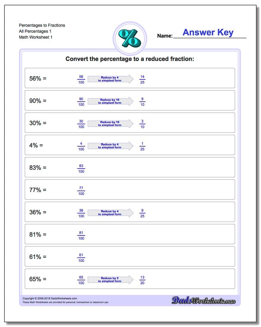 percentages to fractions 25 to 45 in simplest form
