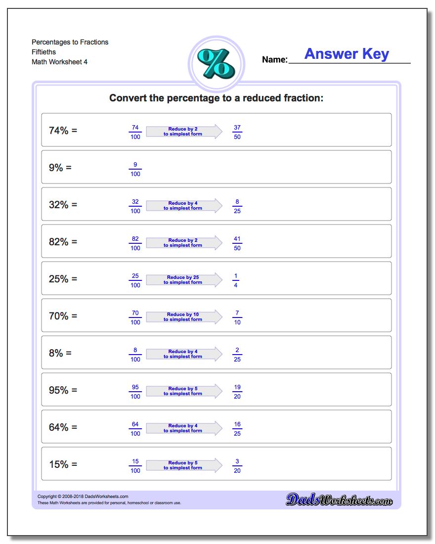 Percentages to Fraction Worksheets Fiftieths