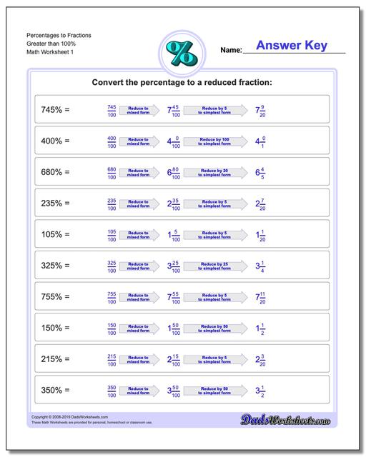 Percentages To Fractions Percentages To Fraction Worksheets Greater Than 100
