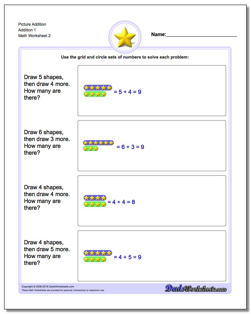 Picture Addition Worksheet Addition 1 www.dadsworksheets.com/worksheets/picture-math-addition.html