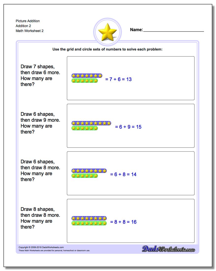 Picture Addition Worksheet Addition 2 www.dadsworksheets.com/worksheets/picture-math-addition.html