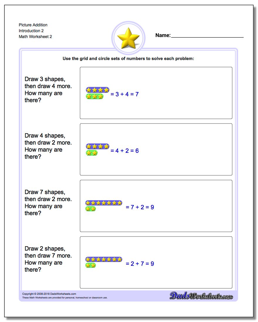Picture Addition Worksheet Introduction 2 www.dadsworksheets.com/worksheets/picture-math-addition.html