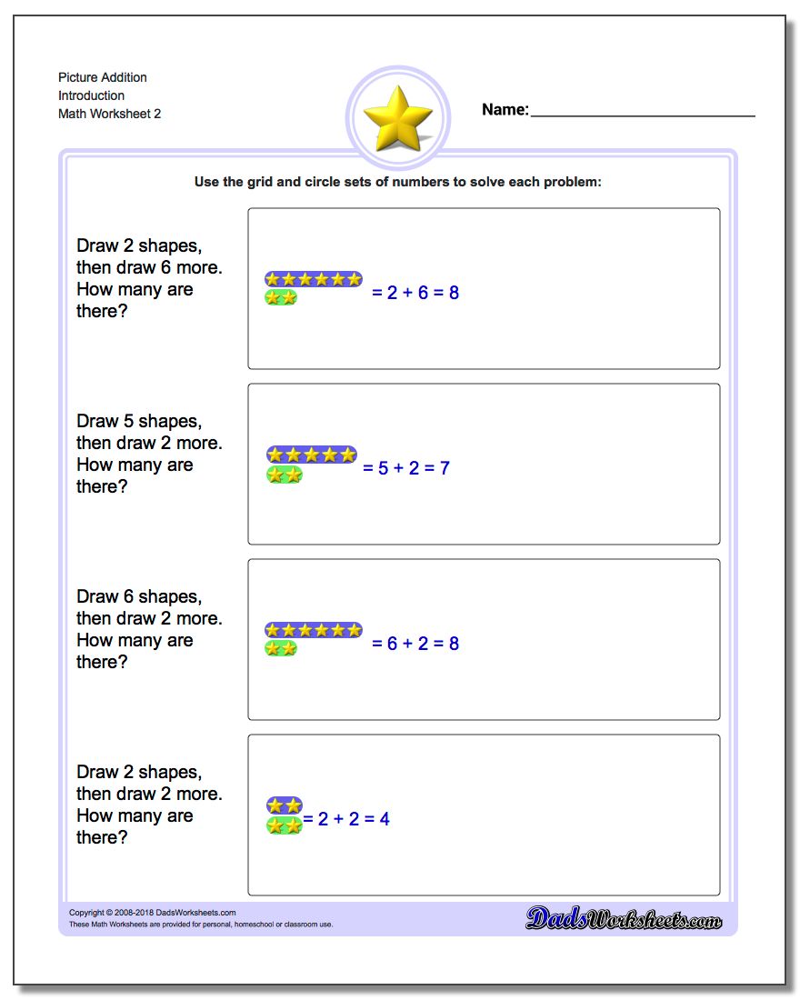 Picture Addition Worksheet Introduction www.dadsworksheets.com/worksheets/picture-math-addition.html