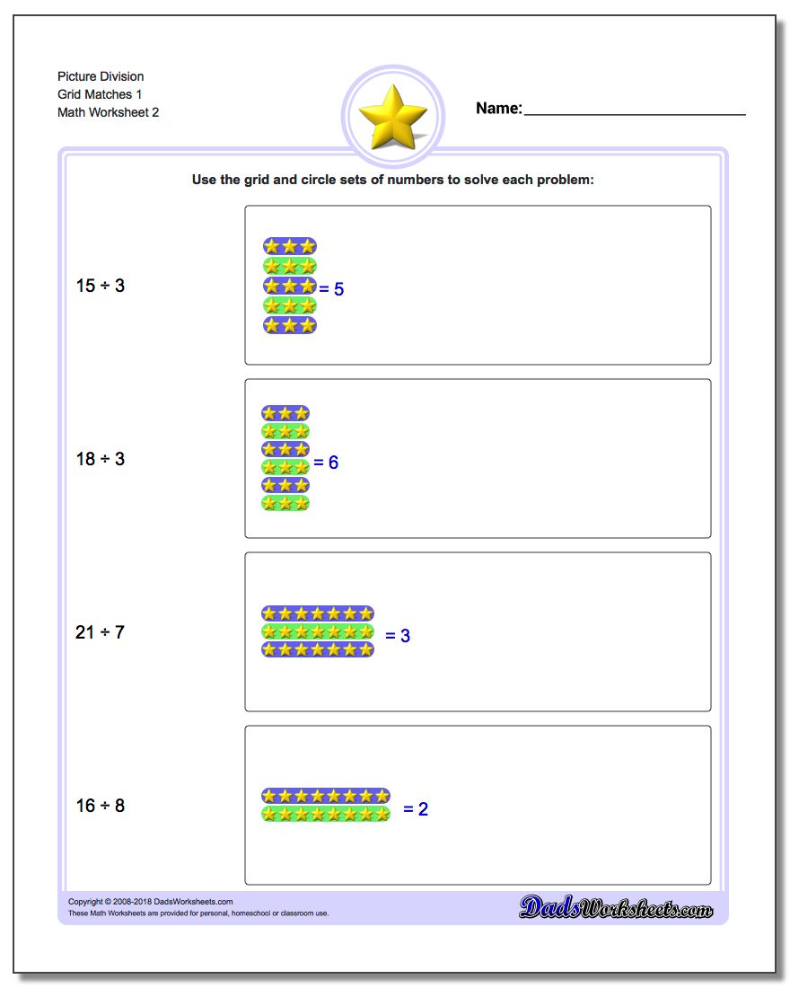 Picture Division Worksheet Grid Matches 1 www.dadsworksheets.com/worksheets/picture-math-division.html