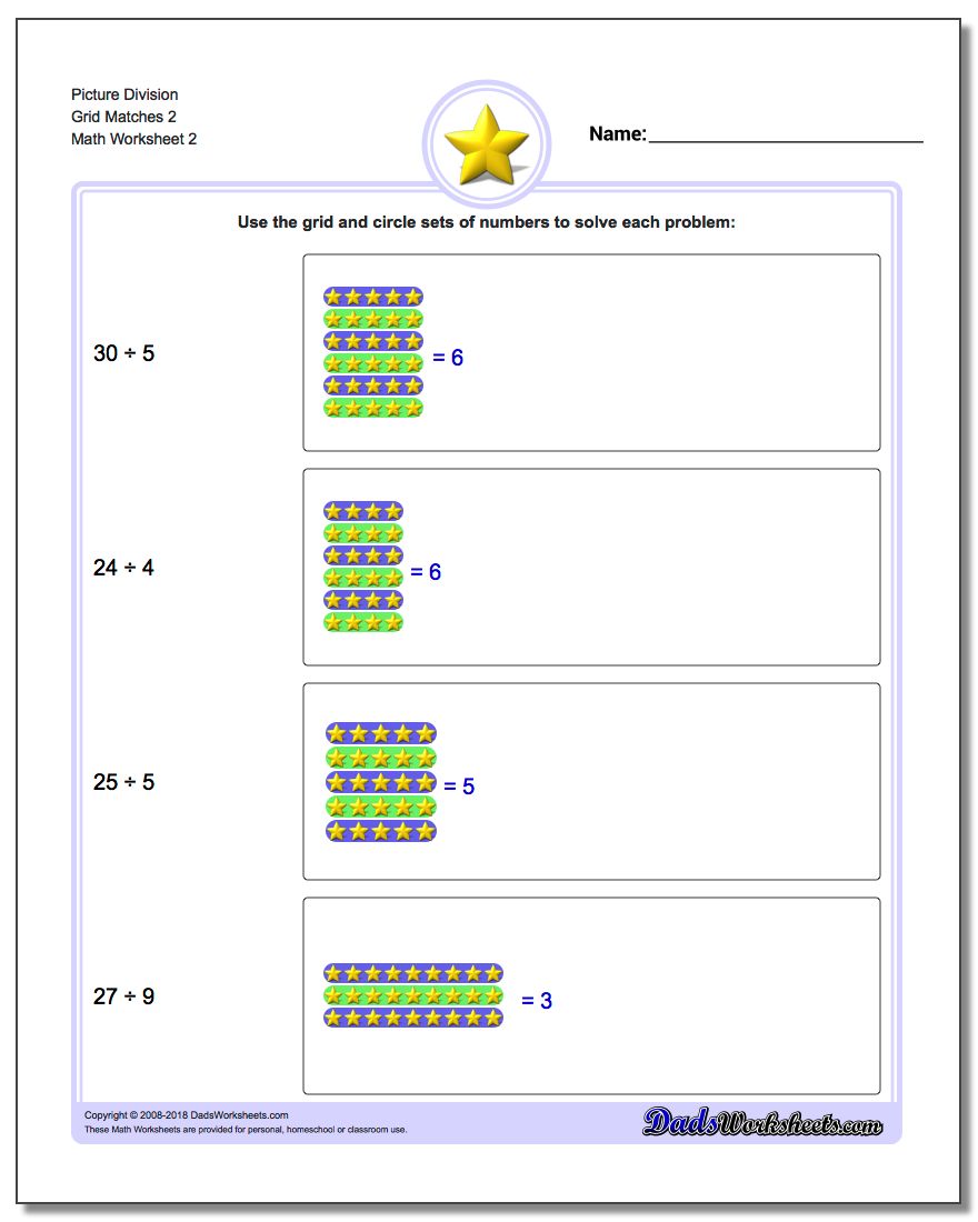 Picture Division Worksheet Grid Matches 2 www.dadsworksheets.com/worksheets/picture-math-division.html