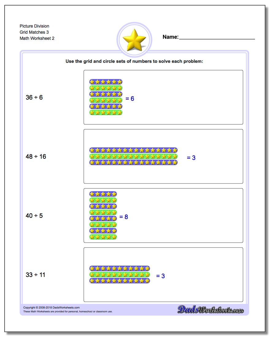 Picture Division Worksheet Grid Matches 3 www.dadsworksheets.com/worksheets/picture-math-division.html