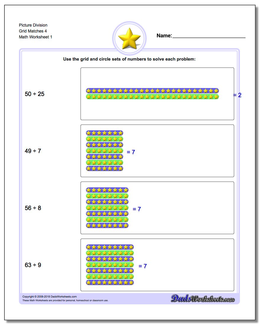 Picture Math Division Worksheet Grid Matches 4