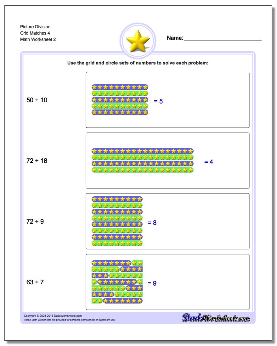 Picture Division Worksheet Grid Matches 4 www.dadsworksheets.com/worksheets/picture-math-division.html