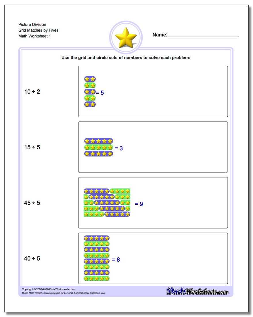 Picture Math Division Worksheet Grid Matches by Fives