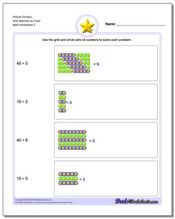 Picture Division Worksheet Grid Matches by Fives /worksheets/picture-math-division.html
