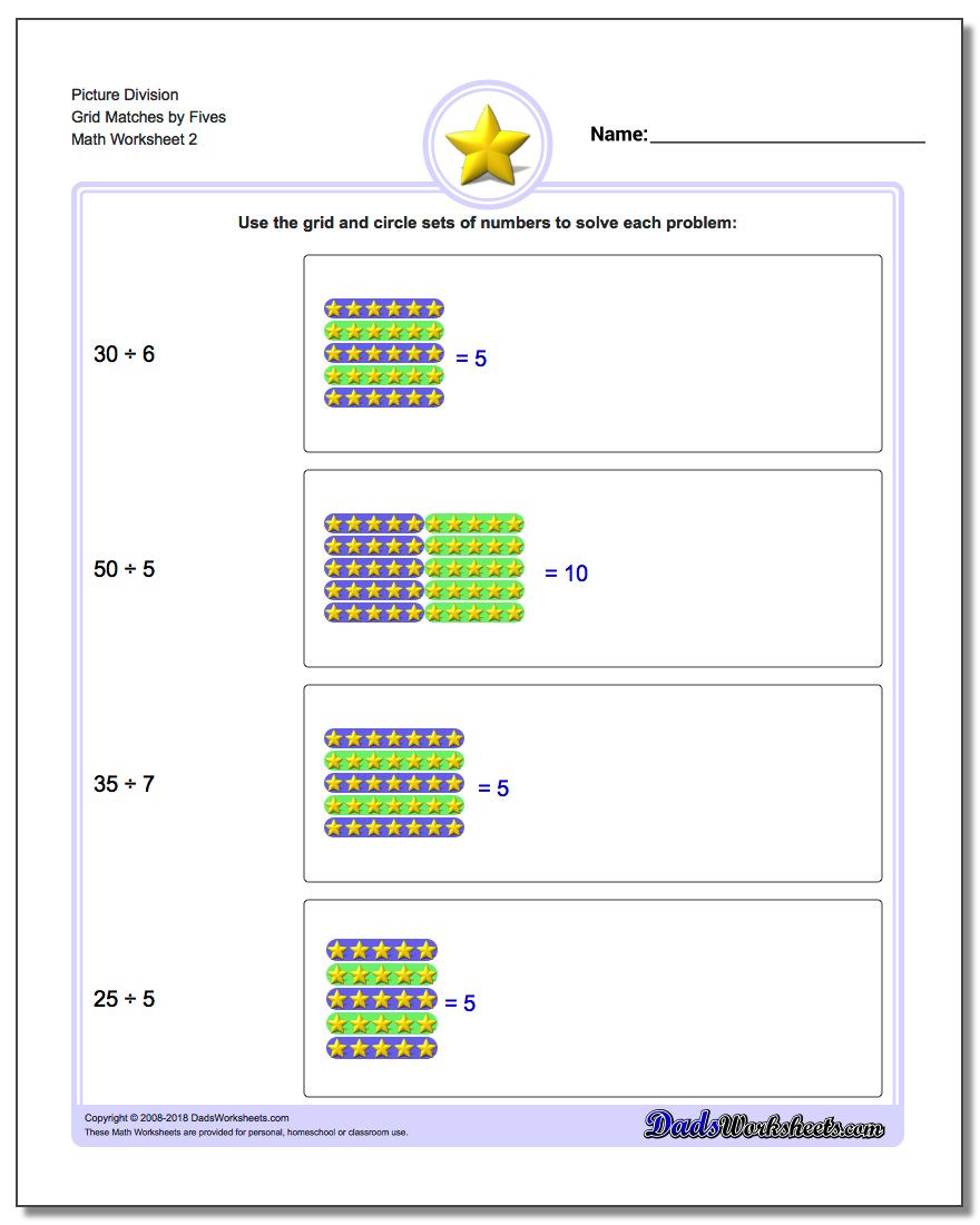 Picture Division Worksheet Grid Matches by Fives www.dadsworksheets.com/worksheets/picture-math-division.html