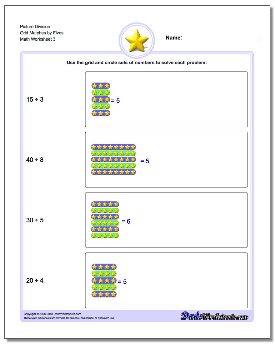 Picture Division Worksheet Grid Matches by Fives