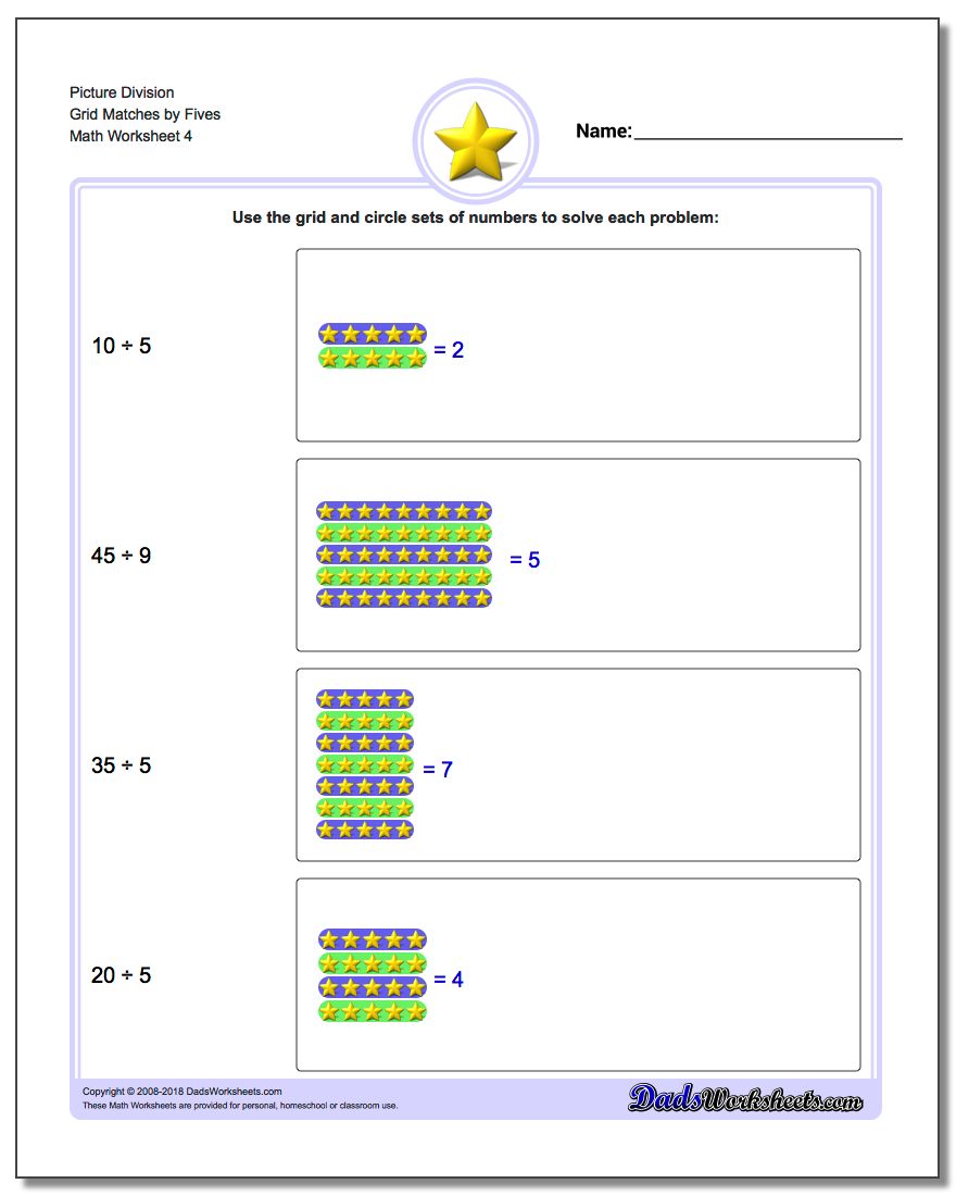 Picture Division Worksheet Grid Matches by Fives