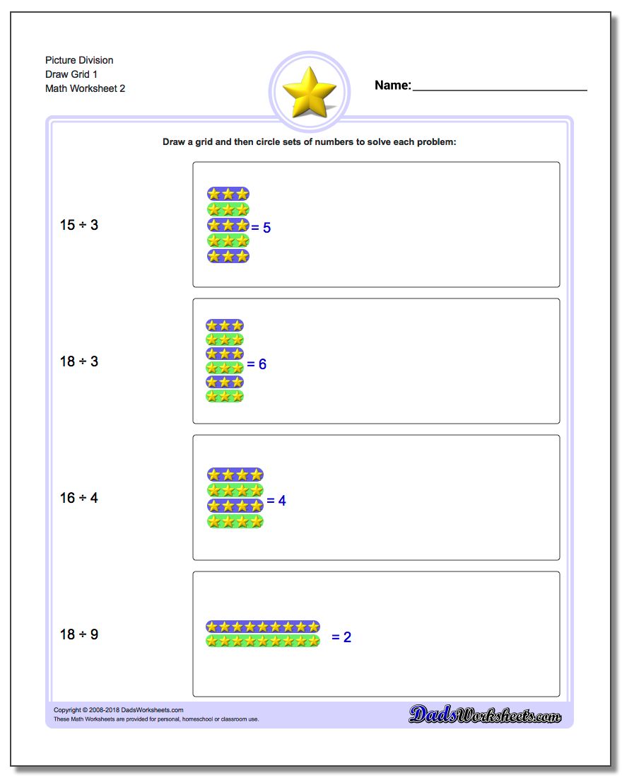 Picture Division Worksheet Draw Grid 1 www.dadsworksheets.com/worksheets/picture-math-division.html