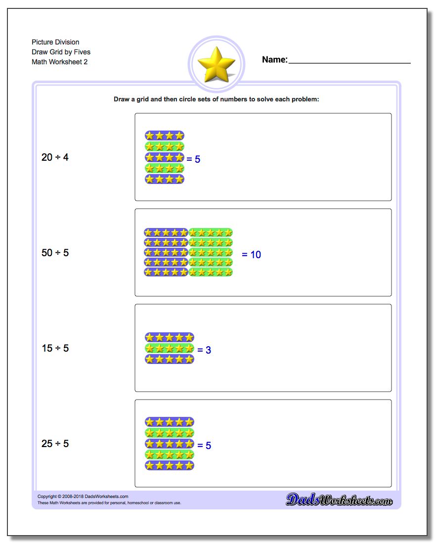 Picture Division Worksheet Draw Grid by Fives www.dadsworksheets.com/worksheets/picture-math-division.html