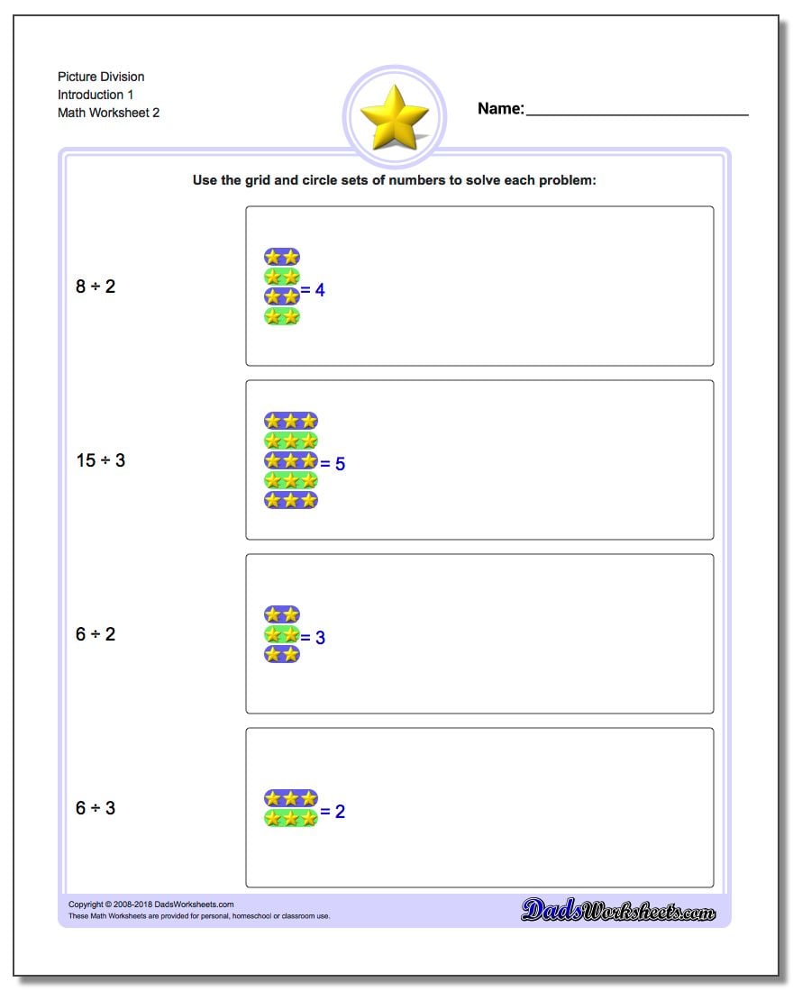 Picture Division Worksheet Introduction 1 www.dadsworksheets.com/worksheets/picture-math-division.html
