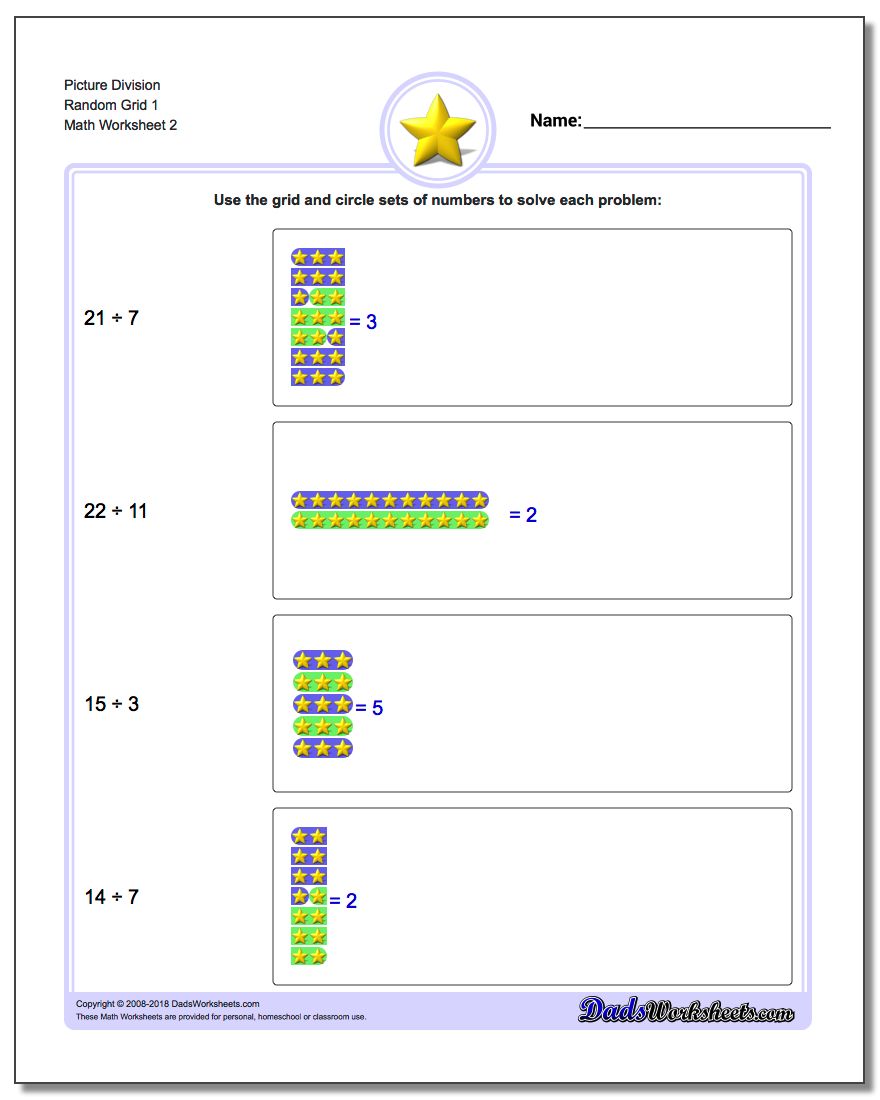 Picture Division Worksheet Random Grid 1 www.dadsworksheets.com/worksheets/picture-math-division.html