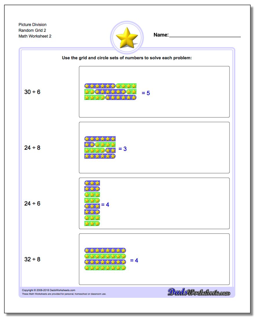 Picture Division Worksheet Random Grid 2 www.dadsworksheets.com/worksheets/picture-math-division.html