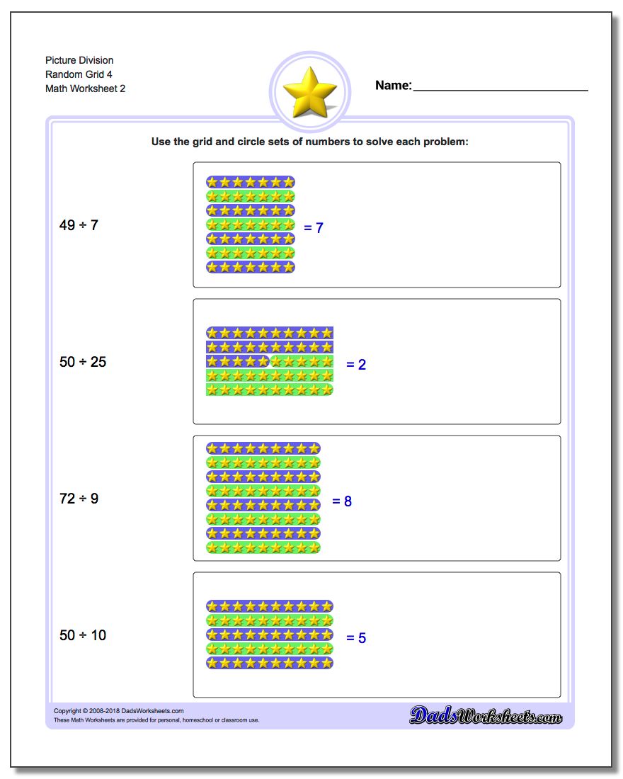 Picture Division Worksheet Random Grid 4 www.dadsworksheets.com/worksheets/picture-math-division.html