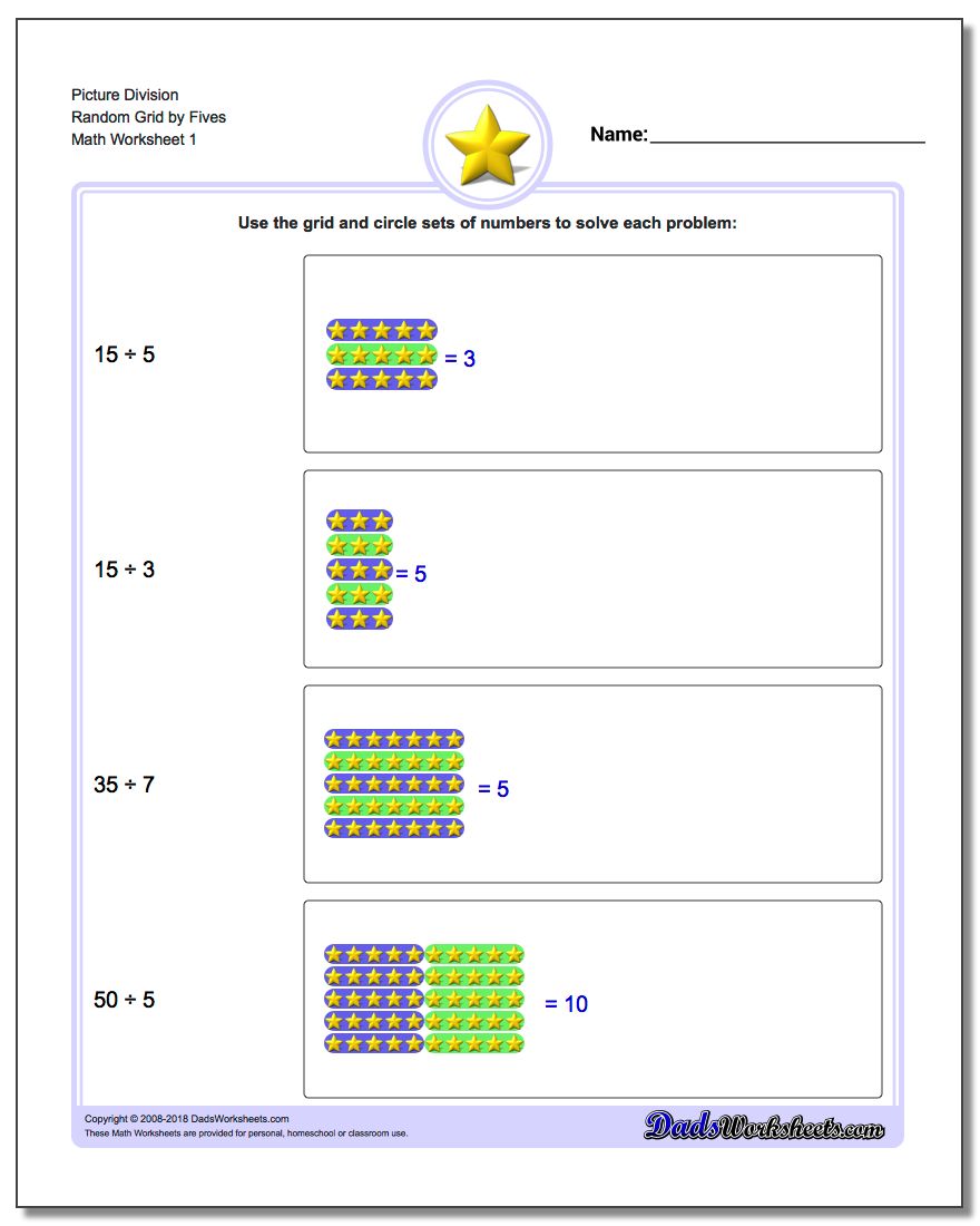 Picture Math Division Worksheet Random Grid by Fives