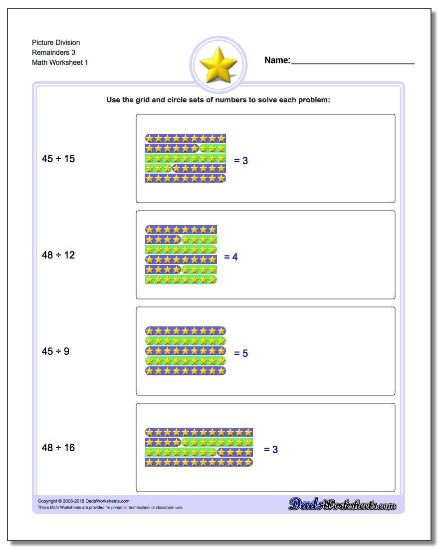Picture Math Division Worksheet Remainders 3