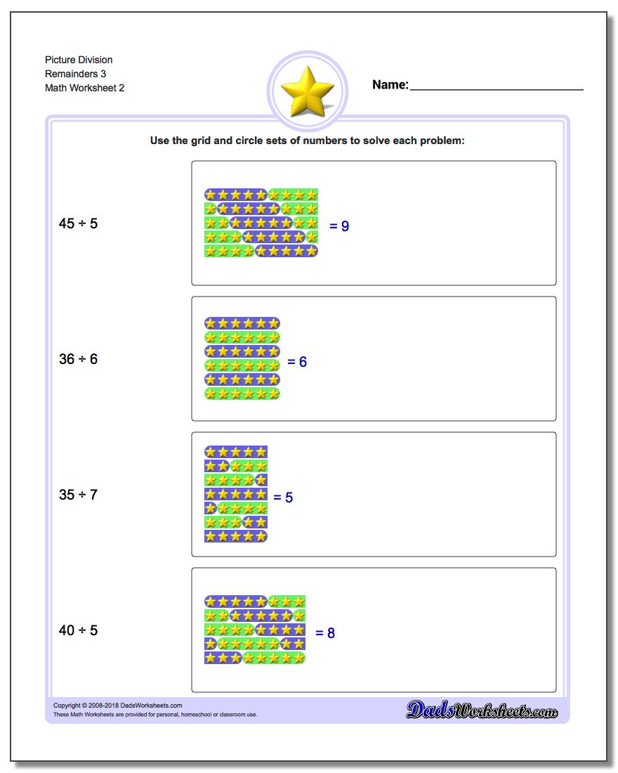 Picture Division Worksheet Remainders 3 www.dadsworksheets.com/worksheets/picture-math-division.html