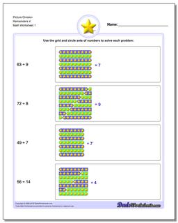 Picture Math Division Worksheet Remainders 4