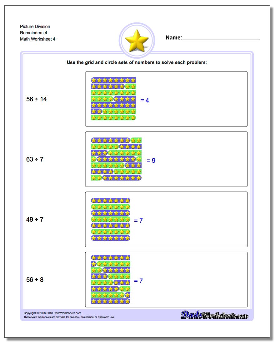 Picture Division Worksheet Remainders 4