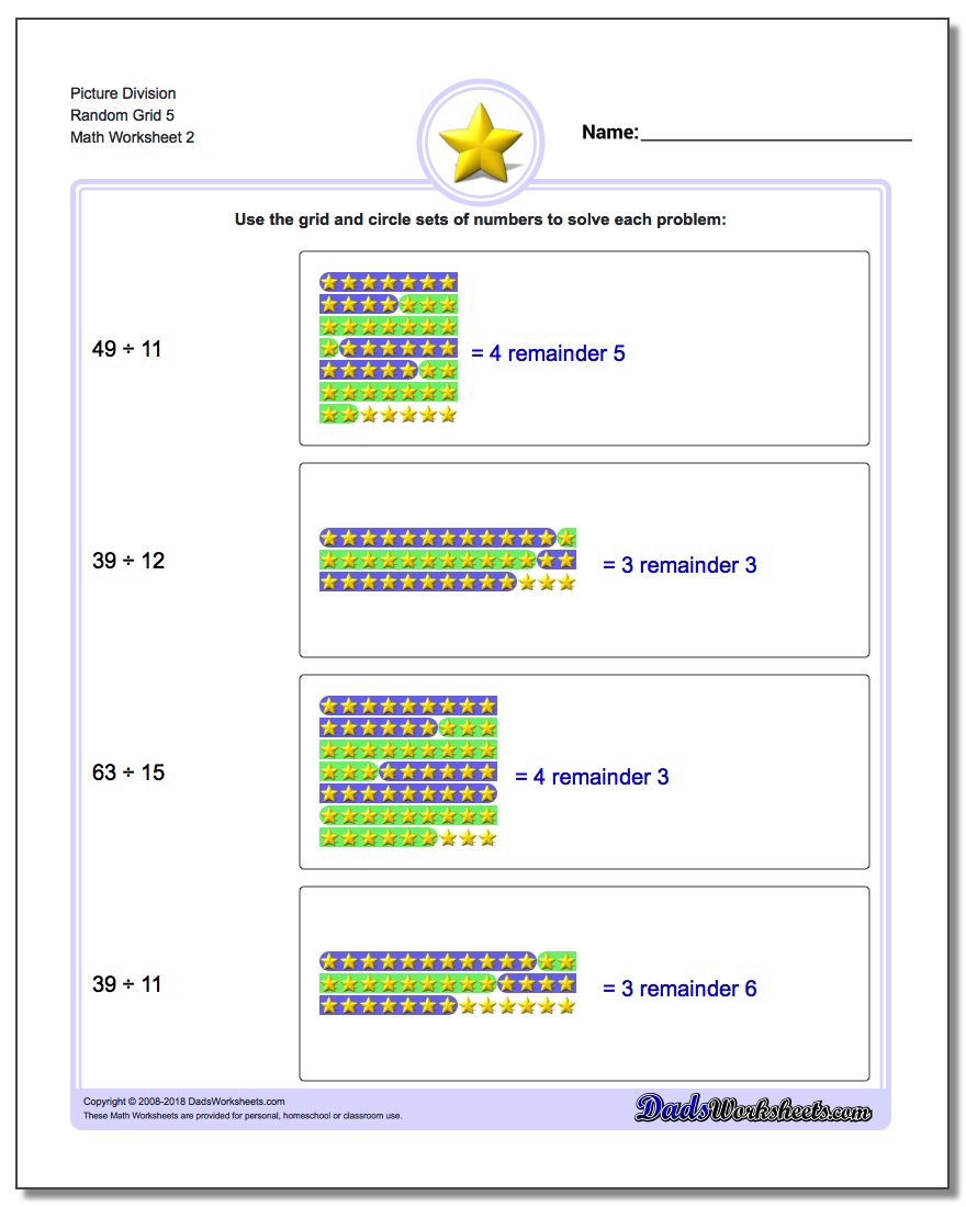 Picture Division Worksheet Random Grid 5 www.dadsworksheets.com/worksheets/picture-math-division.html