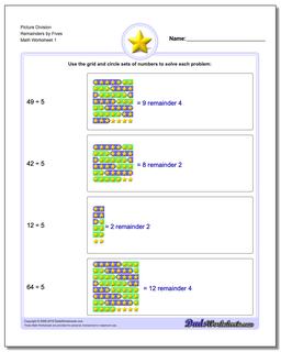 Picture Math Division Worksheet Remainders by Fives