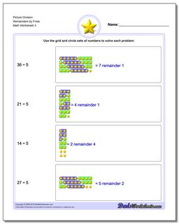 Picture Division Worksheet Remainders by Fives