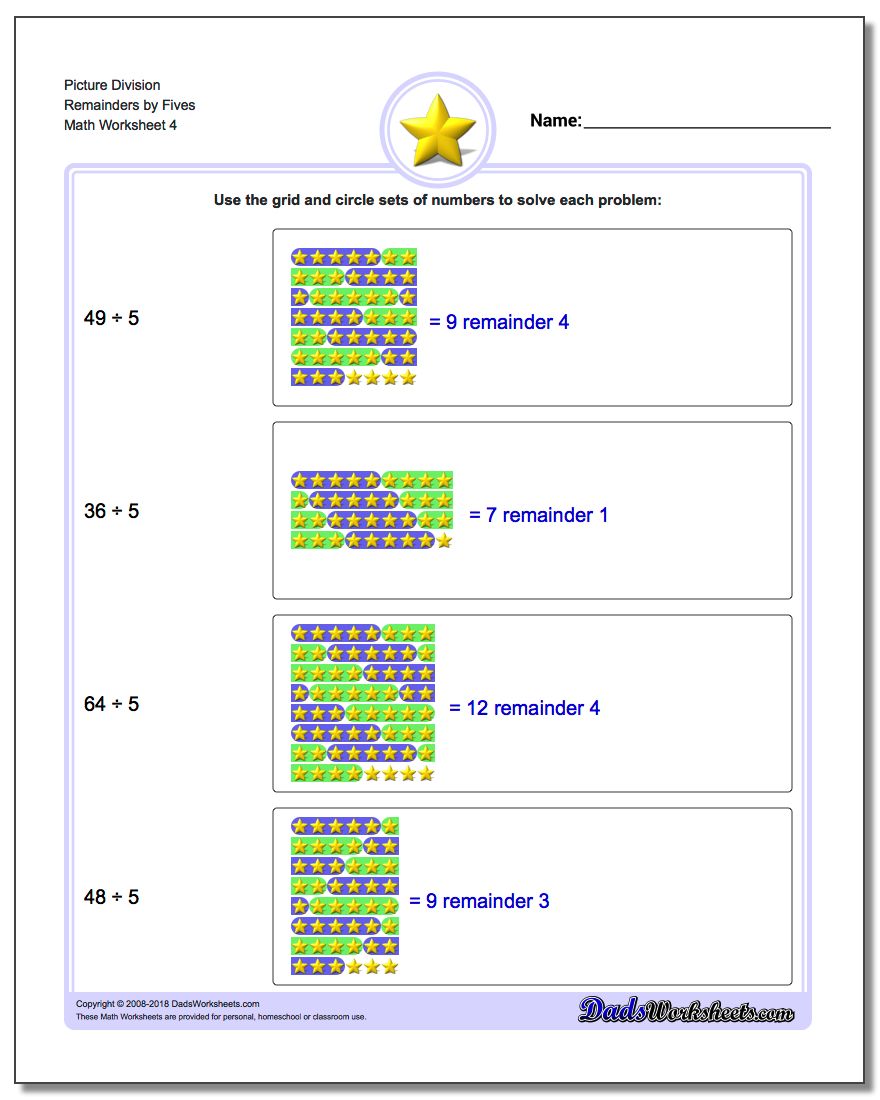Picture Division Worksheet Remainders by Fives