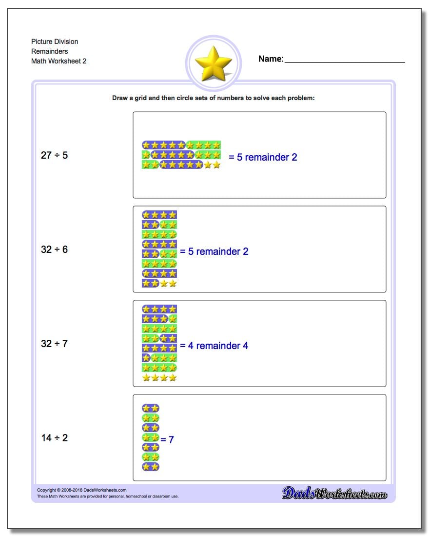 Picture Division Worksheet Remainders www.dadsworksheets.com/worksheets/picture-math-division.html
