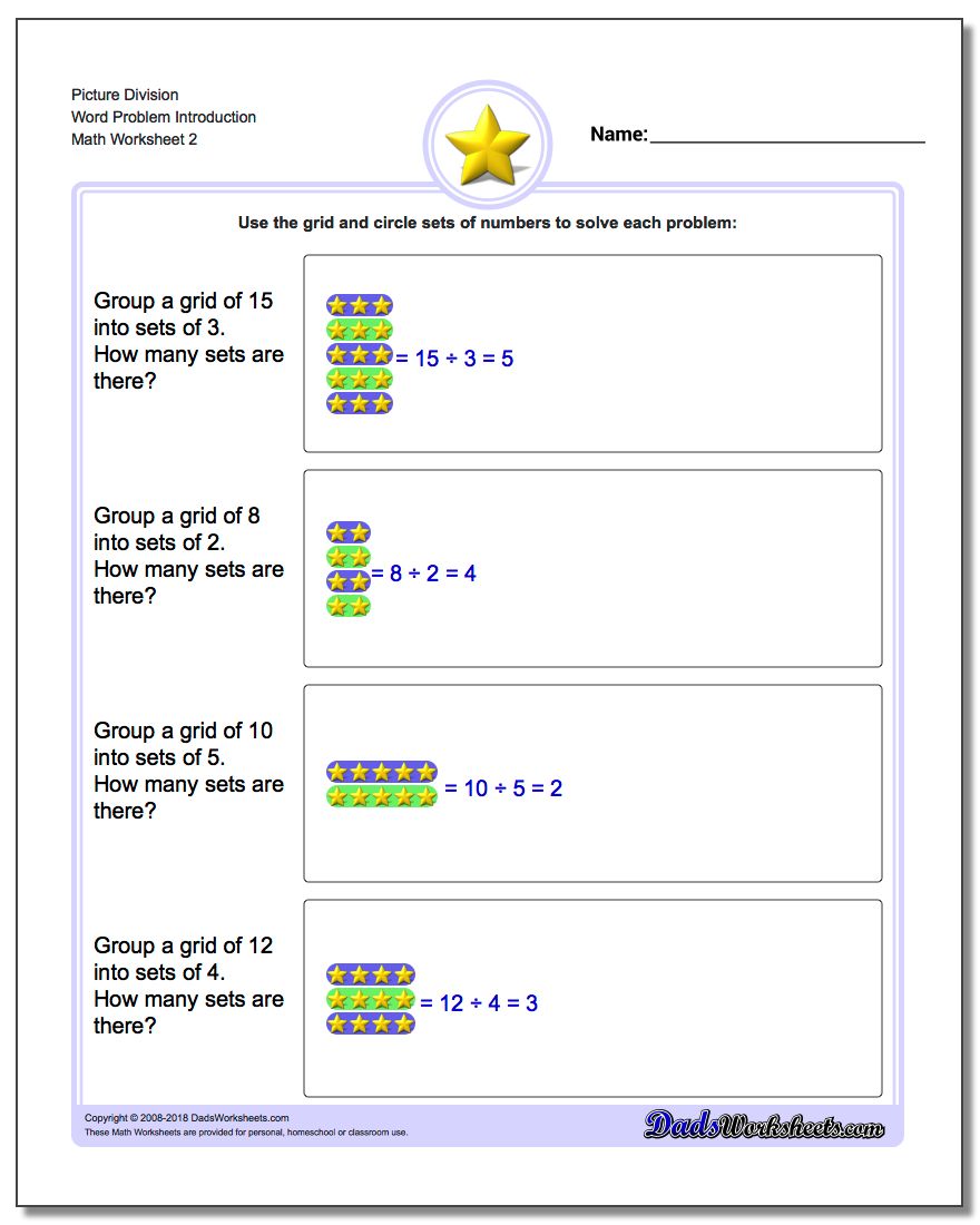 Picture Division Worksheet Word Problem Introduction www.dadsworksheets.com/worksheets/picture-math-division.html