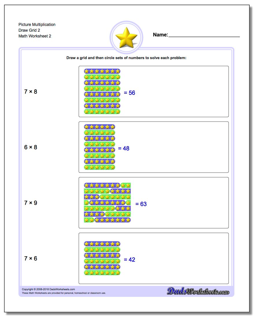 Picture Multiplication Worksheet Draw Grid 2 www.dadsworksheets.com/worksheets/picture-math-multiplication.html