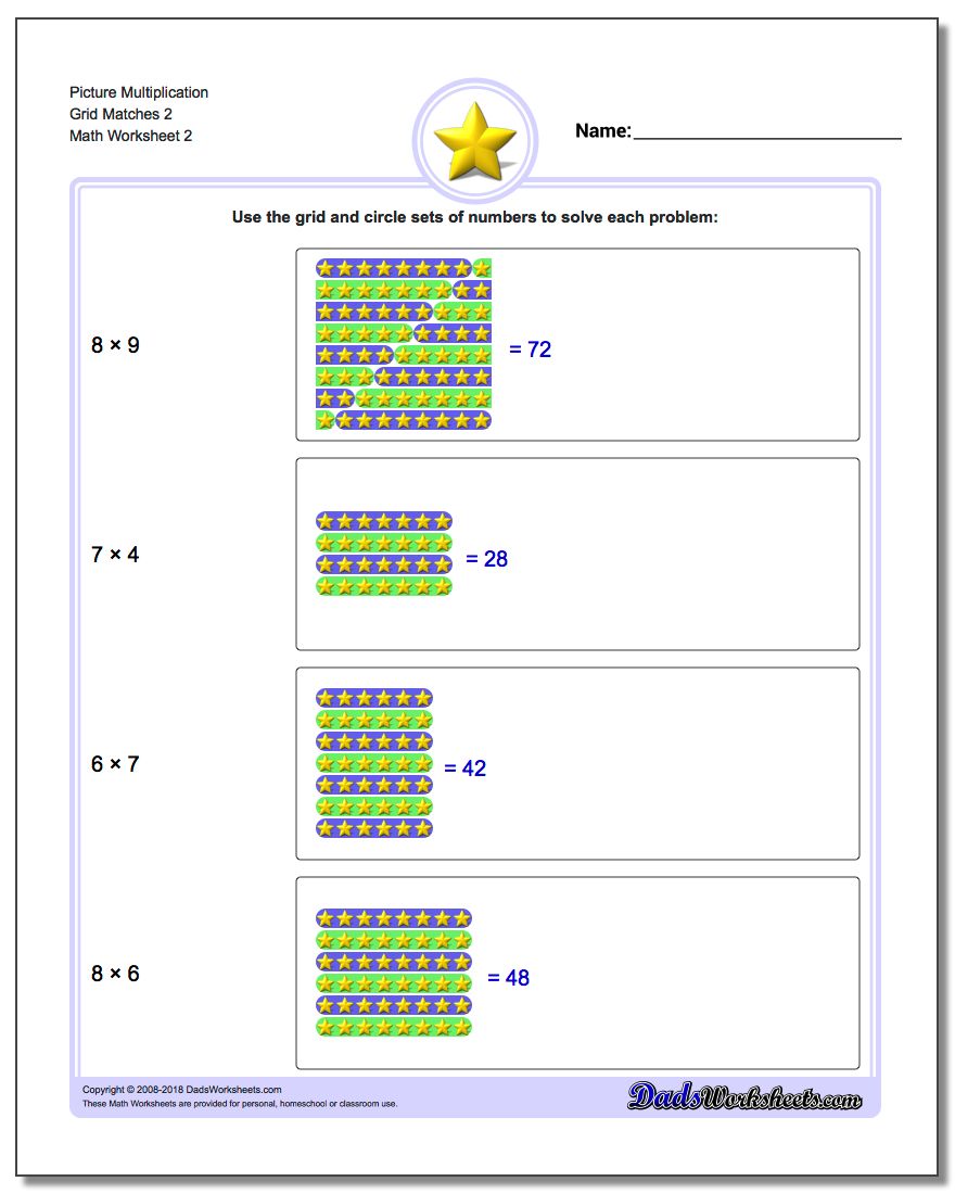 Picture Multiplication Worksheet Grid Matches 2 www.dadsworksheets.com/worksheets/picture-math-multiplication.html
