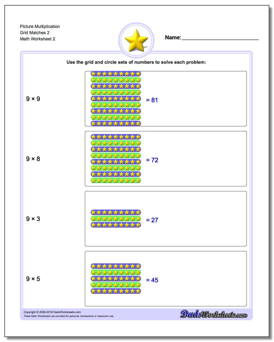Picture Multiplication Worksheet Grid Matches 2 www.dadsworksheets.com/worksheets/picture-math-multiplication.html