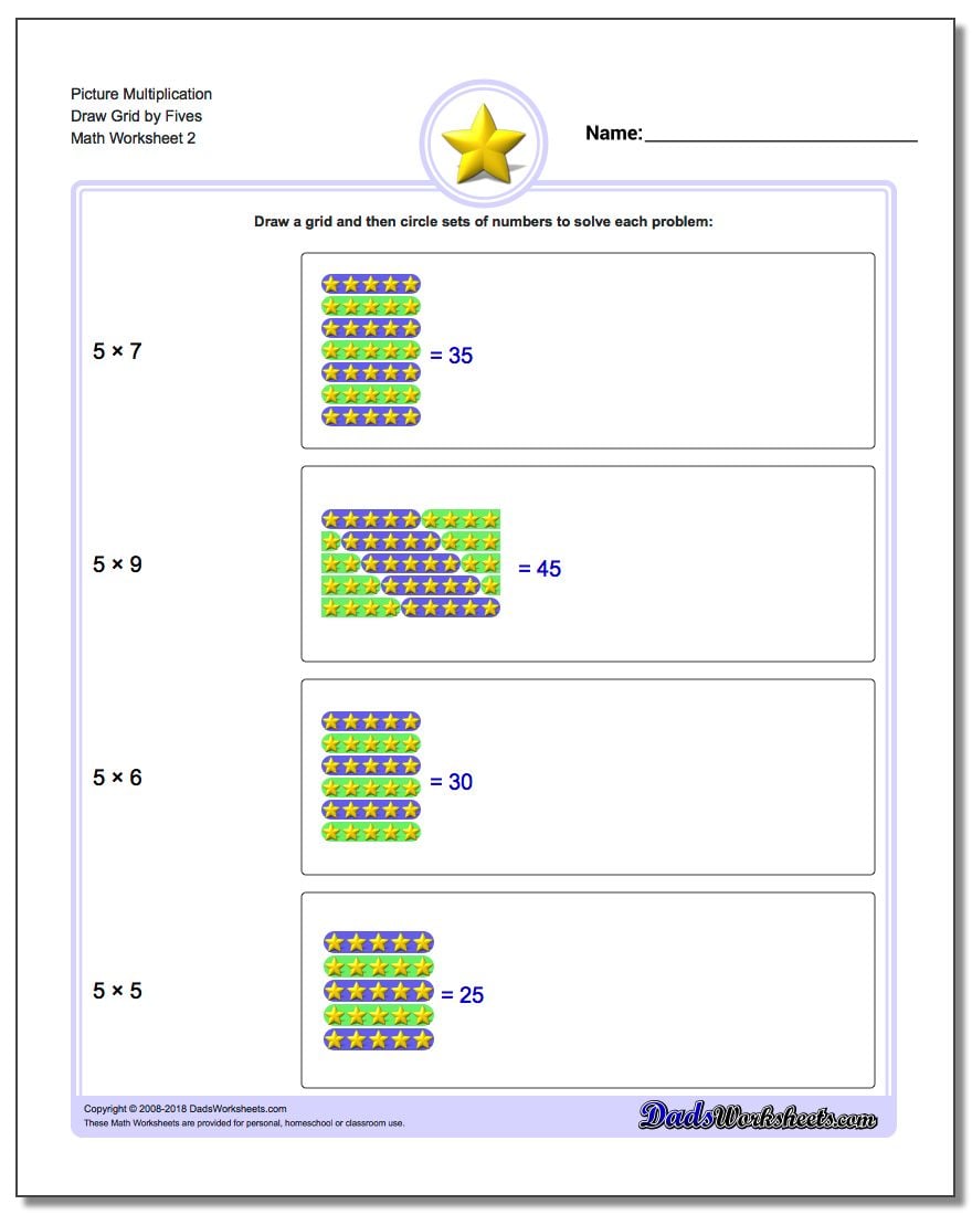 Picture Multiplication Worksheet Draw Grid by Fives www.dadsworksheets.com/worksheets/picture-math-multiplication.html